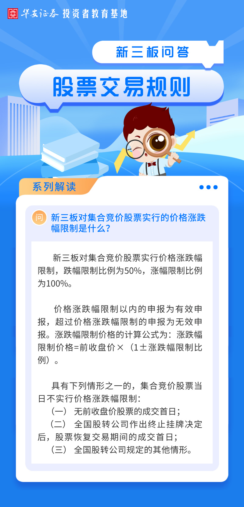华小安惠学习| 新三板股票交易规则问答：新三板对集合竞价股票实行的价格涨跌幅限制是什么？
