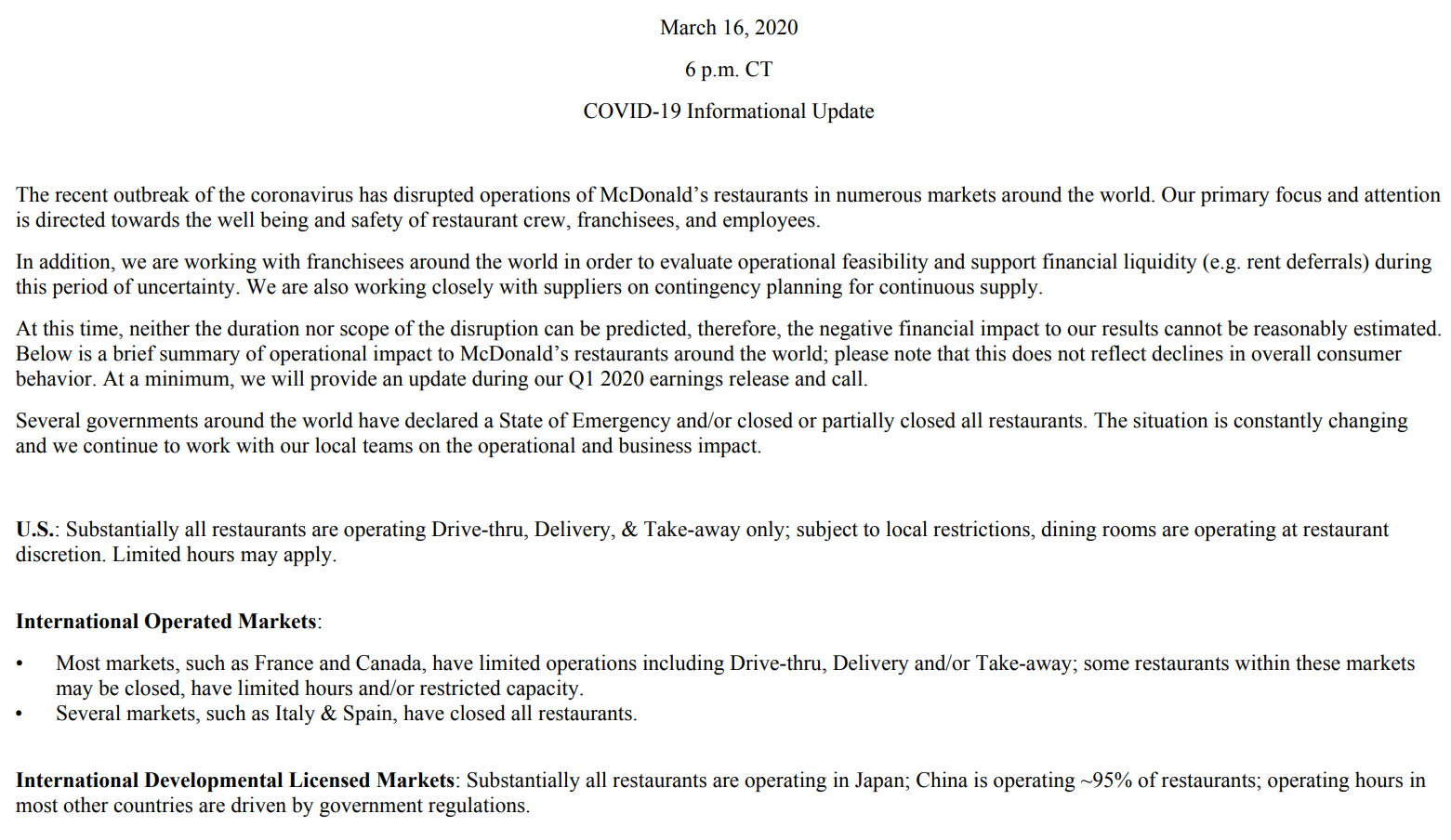 麦当劳■麦当劳：疫情影响无法计算 考虑延后收取加盟店租金