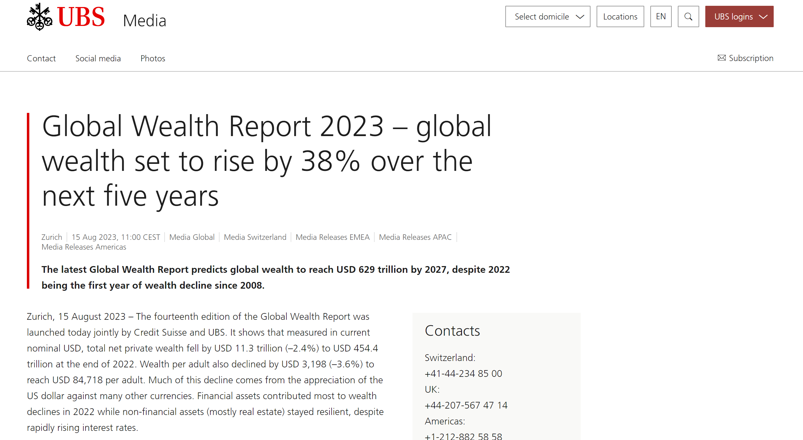 08年金融危机来首次！瑞信：去年全球财富缩水美国受损最严重