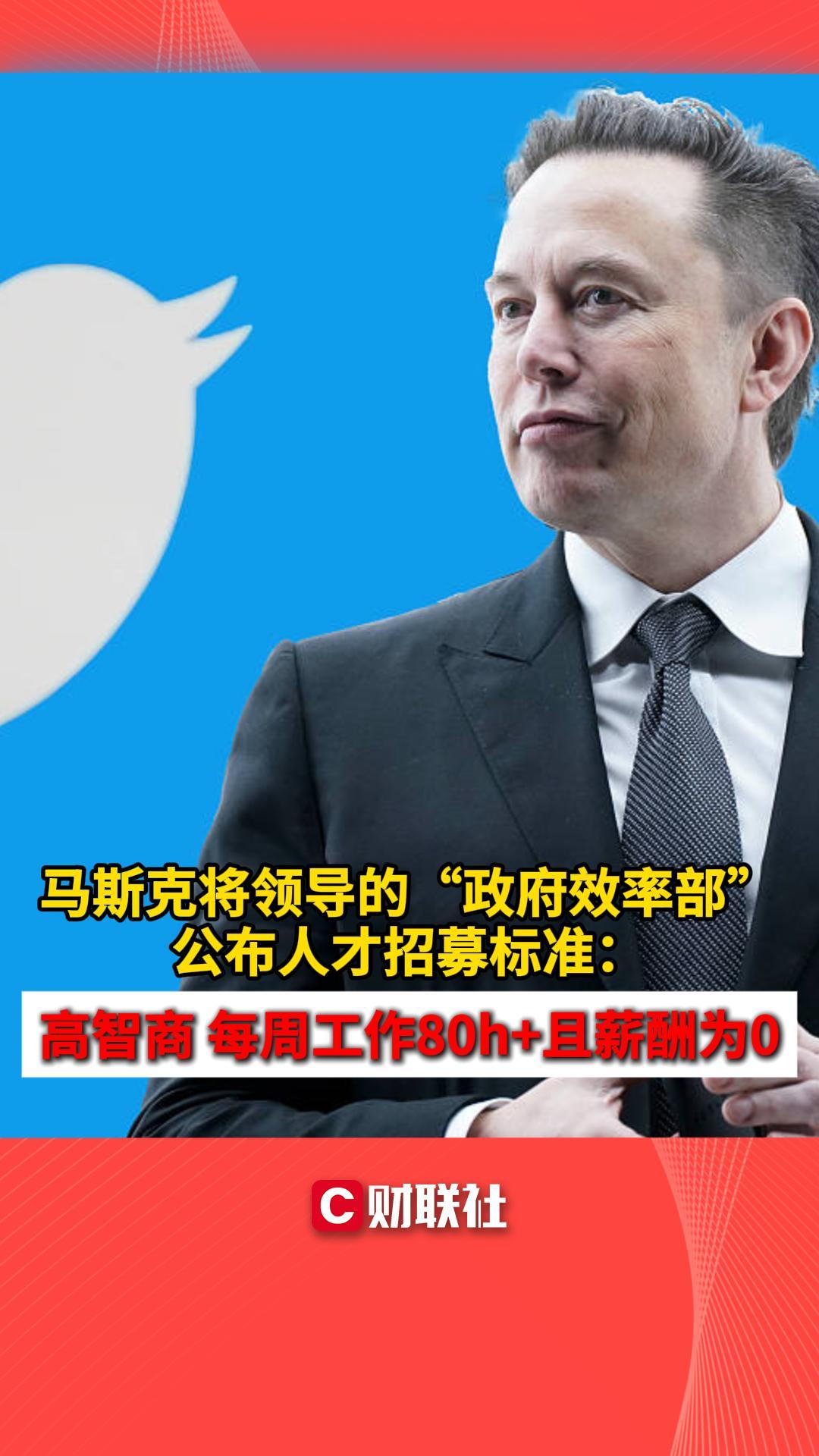 CC新闻】马斯克将领导的“政府效率部”公布人才招募标准：高智商每周工作80h+且薪酬为0
