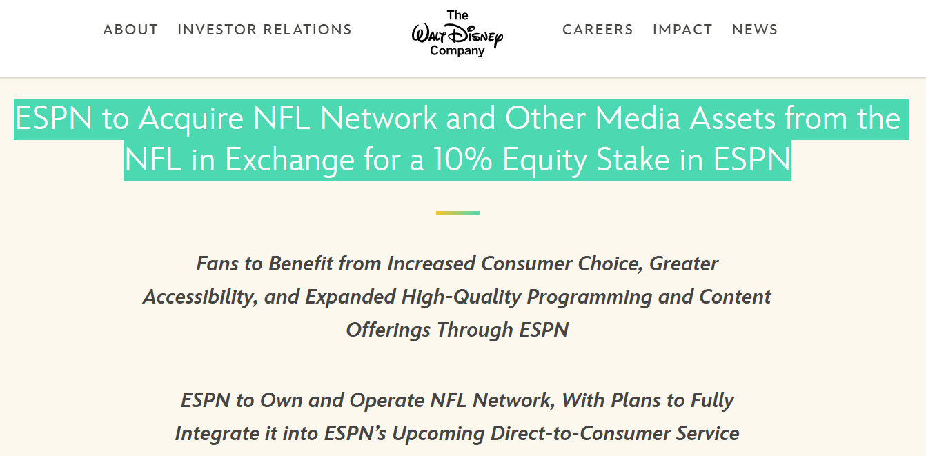 ESPN以10%股权收购NFL媒体资源