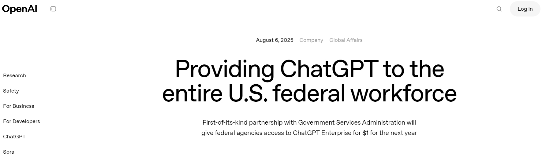 OpenAI以1美元向美国政府提供ChatGPT企业版