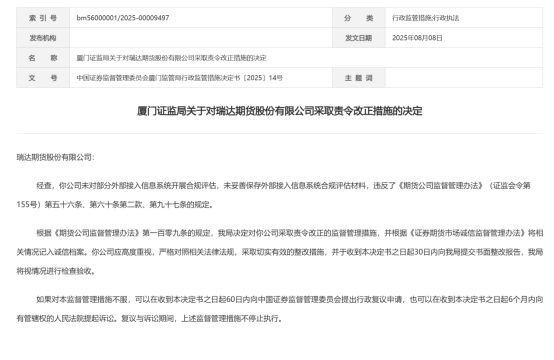 瑞达期货年内再收罚单