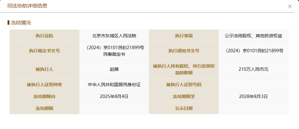 赵薇再被冻结210万股权