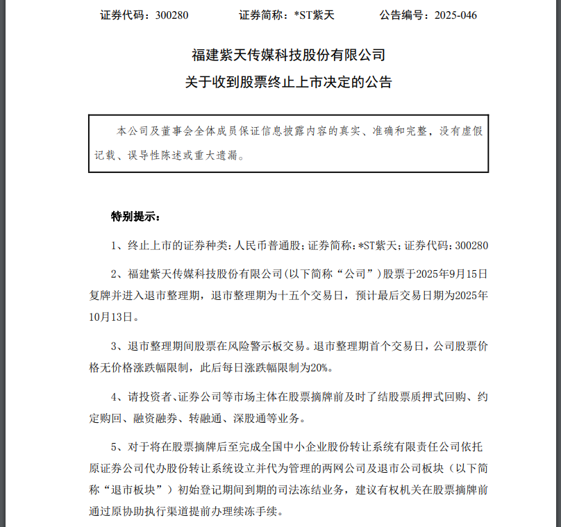 *ST紫天财务造假被强制退市