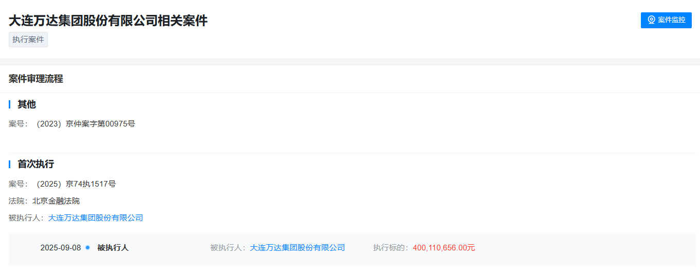 万达集团再被执行超4亿元