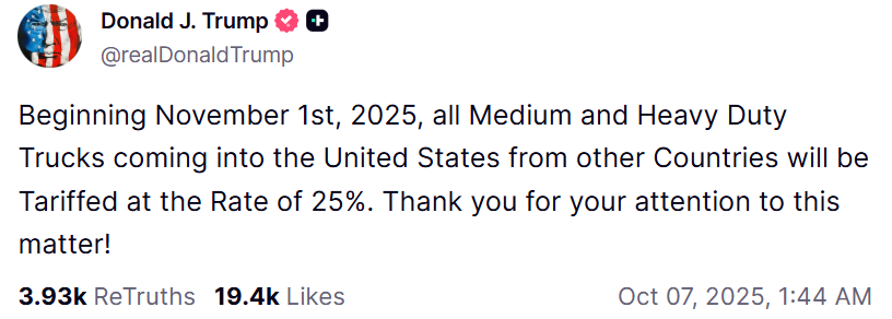特朗普宣布对进口中重卡加征25%关税-第1张图片-腾赚网