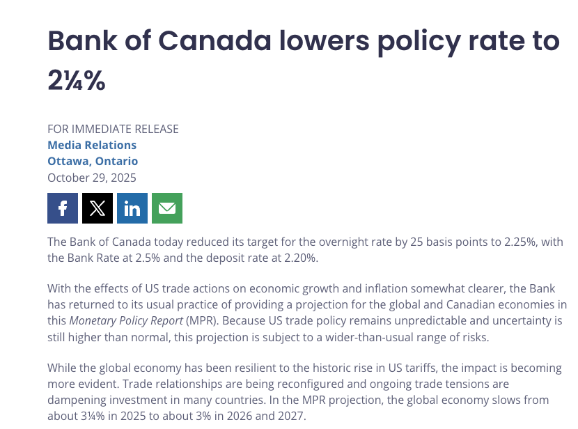 加拿大央行再降息至2.25%
