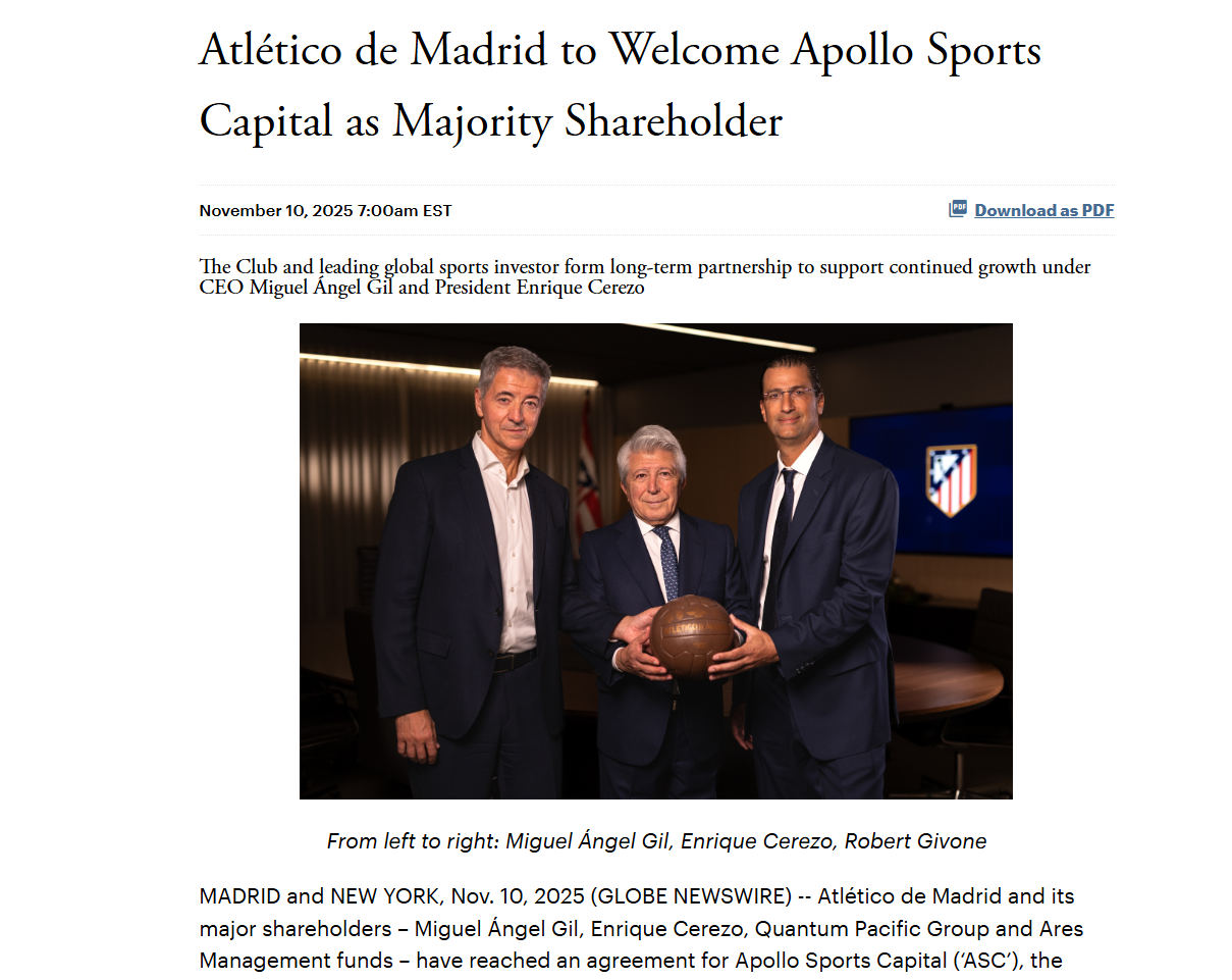 阿波罗22亿欧元控股马竞