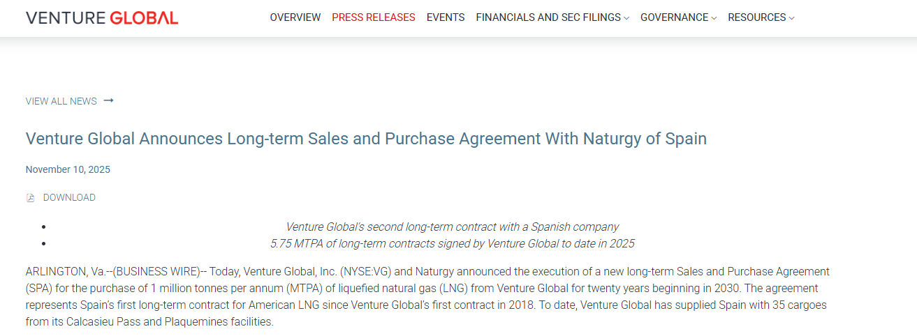美国LNG巨头签下西班牙20年长单