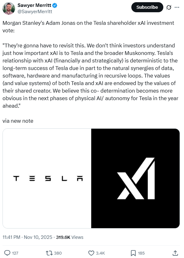 特斯拉股东否决投资xAI提案