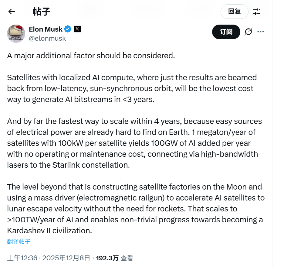 马斯克拟建太空AI卫星网络