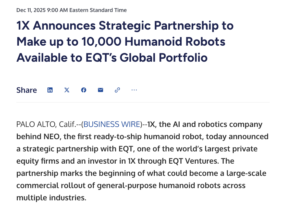 EQT联手1X部署万台人形机器人