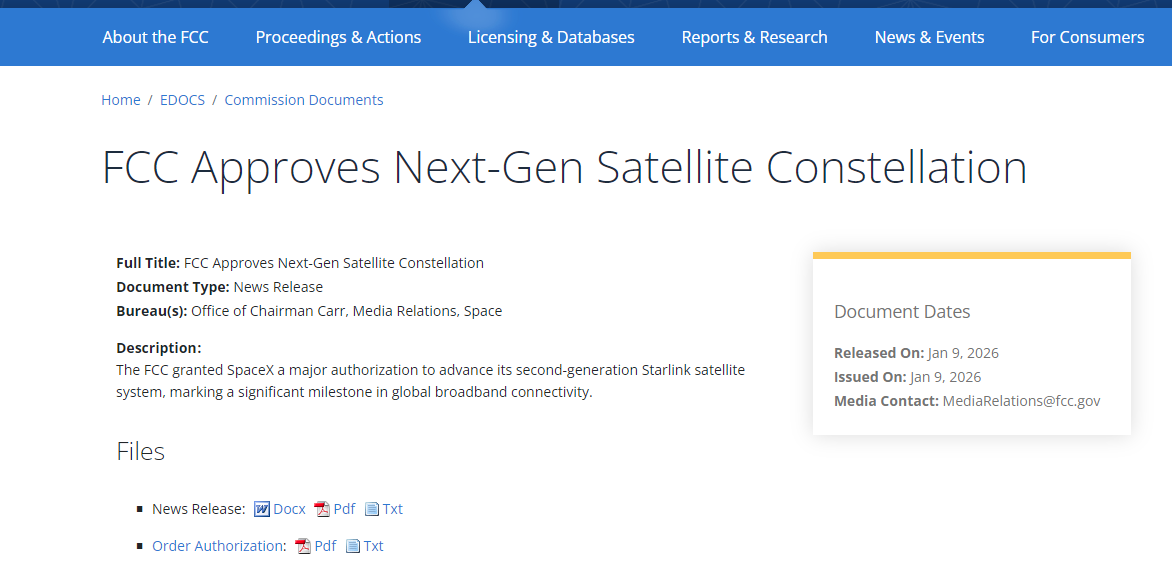FCC批准SpaceX新增7500颗星链卫星
